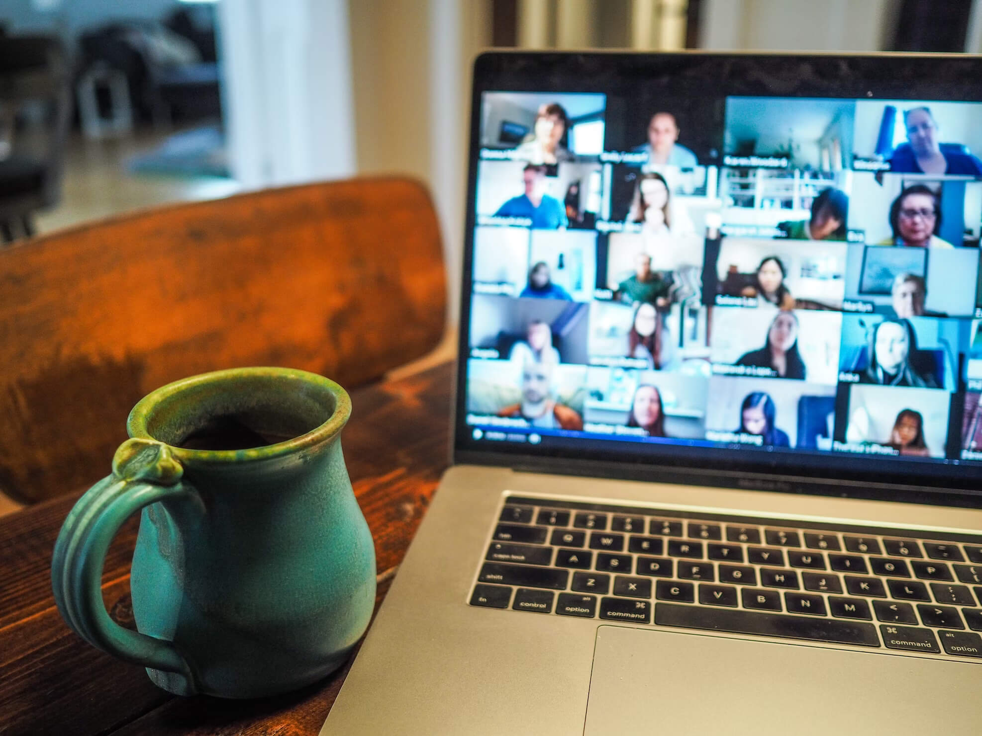 Video call on a laptop screen.