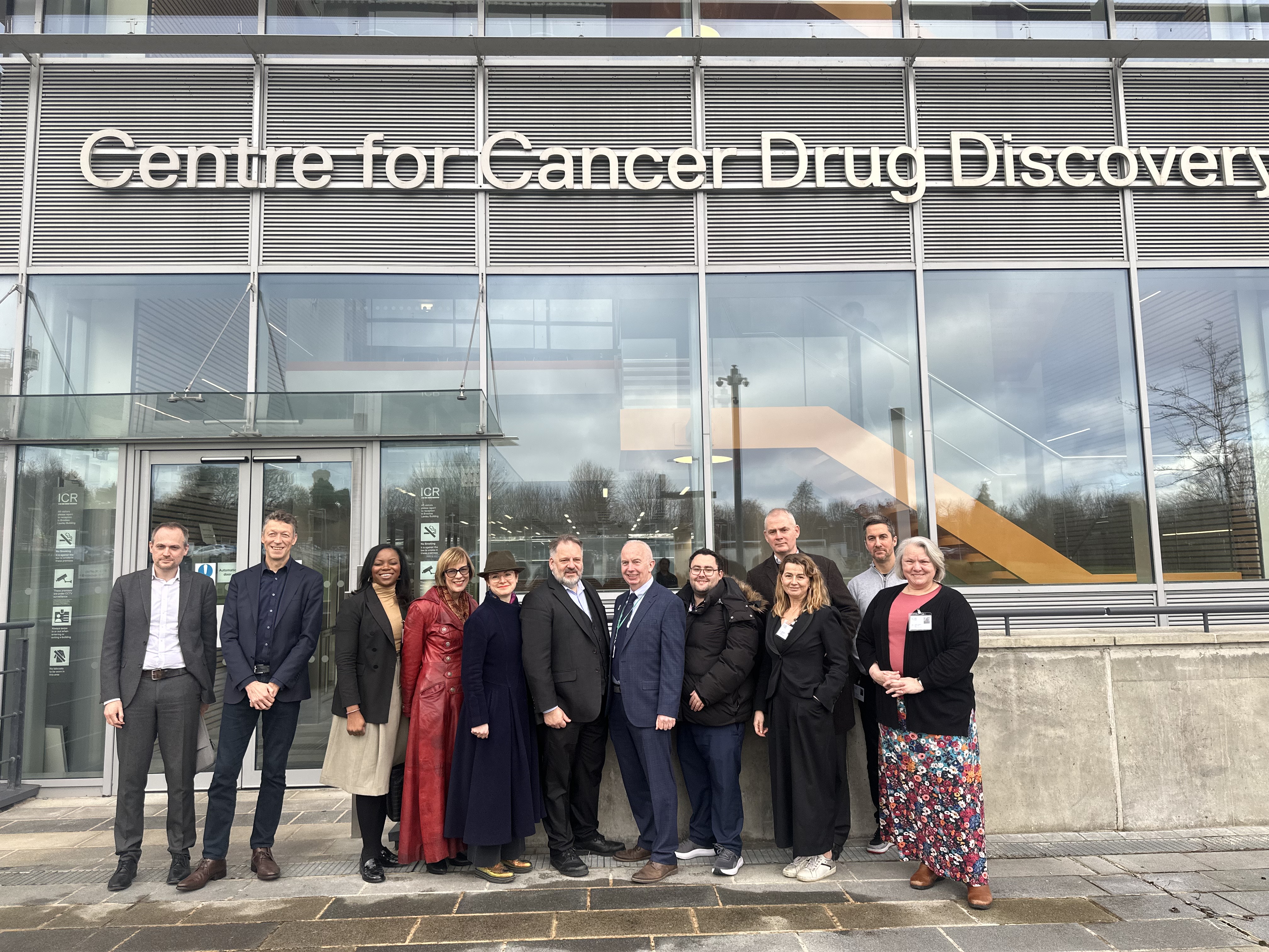 Picture outside the Centre for Cancer Drug Discovery From left to right: Henry French, Dr Jon Wilkinson, Olaide Oboh, Helen Bailey, Laura Citron, Howard Dawber, Cllr Barry Lewis, Cllr Jake Short, Richard Simpson, Sophie White, Daniel May, Dr Angela Kukula.