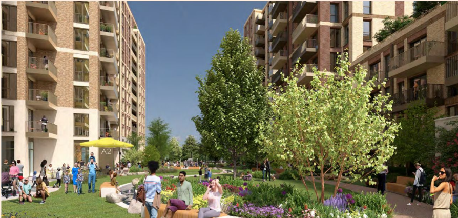 A view of people enjoying the grounds outside the new block of flats